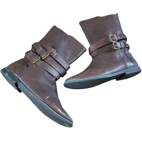 Nine West Vasorbie Leather Boots 3 Strap Flat Heel Sz 7 Dark Brown #335F - Picture 4 of 9